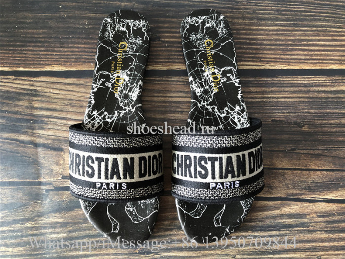 Black Dior Around The World Embroidered Cotton Dway Slide