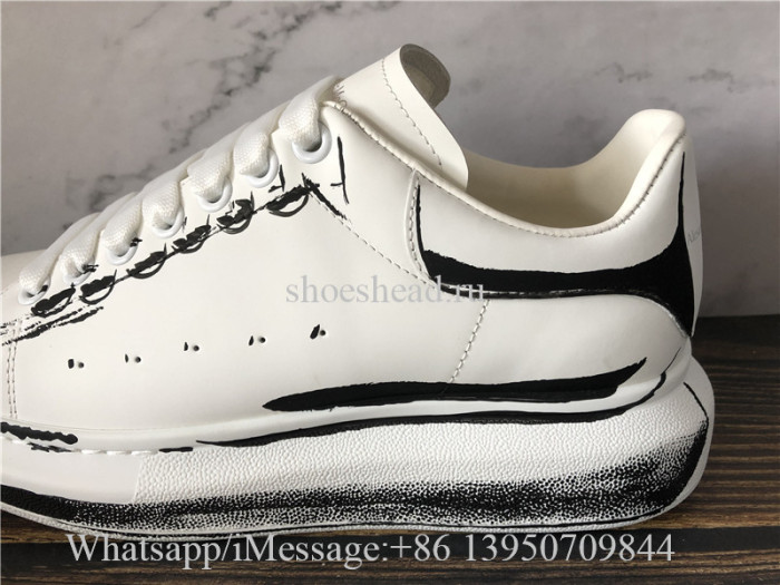 Super Quality Alexander McQueen Raised-Sole Outlined Leather Trainers White