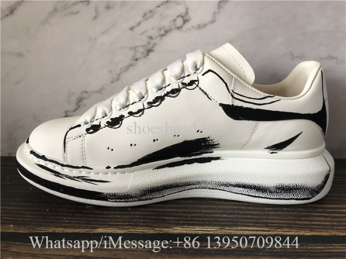Super Quality Alexander McQueen Raised-Sole Outlined Leather Trainers White