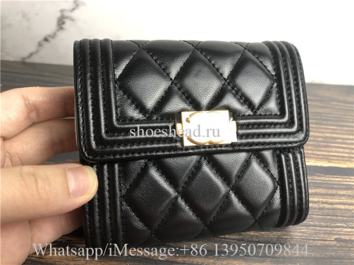 Original Quality Chanel Lambskin & Gold-Tone Metal Black Boy Flap Wallet