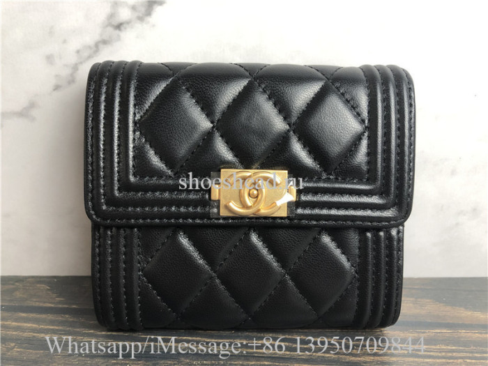 Original Quality Chanel Lambskin & Gold-Tone Metal Black Boy Flap Wallet