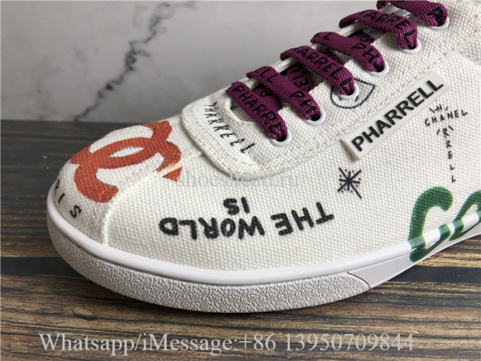 Chanel Pharrell 19D White Graffiti CC Low Top Lace Up Flat Trainer Sneaker