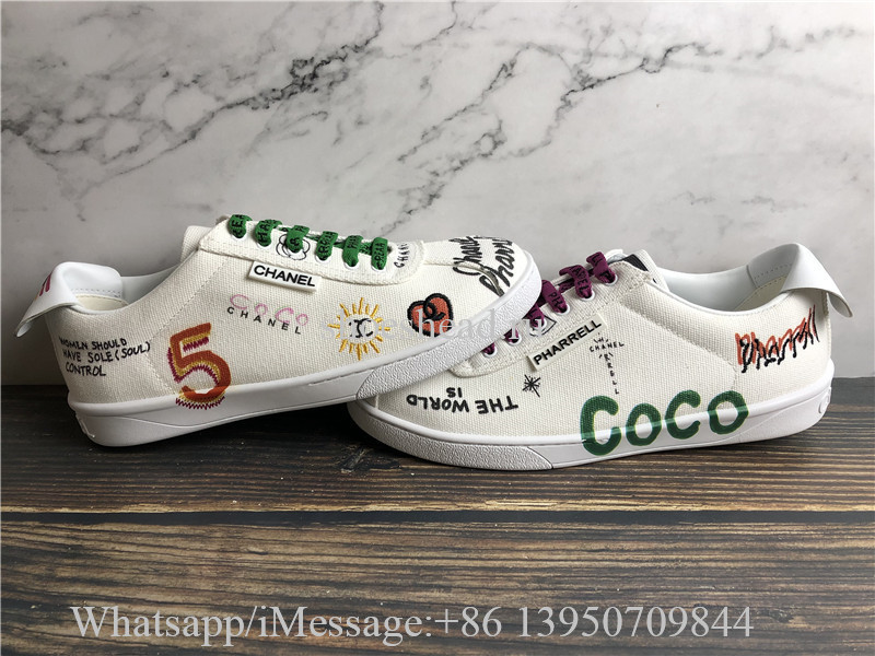 Chanel Pharrell 19D White Graffiti CC Low Top Lace Up Flat Trainer Sneaker