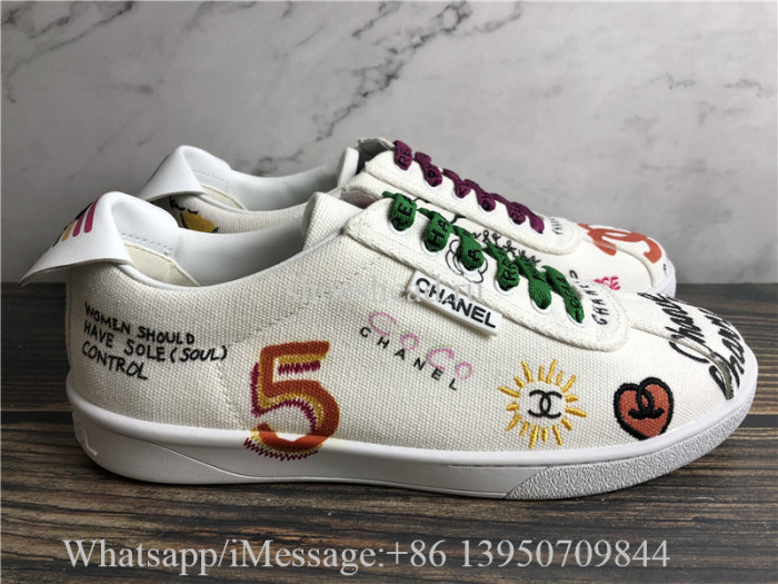 Chanel Pharrell 19D White Graffiti CC Low Top Lace Up Flat Trainer Sneaker