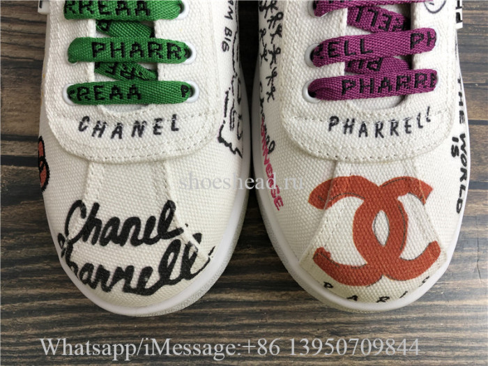 Chanel Pharrell 19D White Graffiti CC Low Top Lace Up Flat Trainer Sneaker