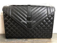 Original Saint Laurent Large Tri-Quited Matelasse Grain De Poudre Flap Shoulder Bag Black Hardware