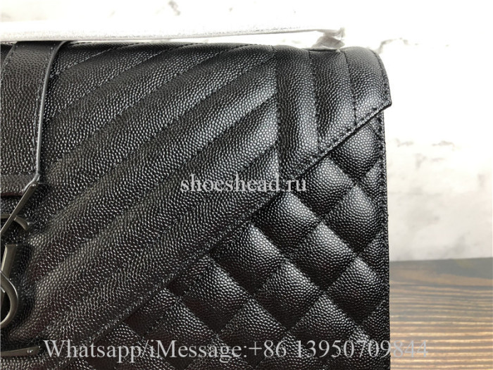 Original Saint Laurent Large Tri-Quited Matelasse Grain De Poudre Flap Shoulder Bag Black Hardware