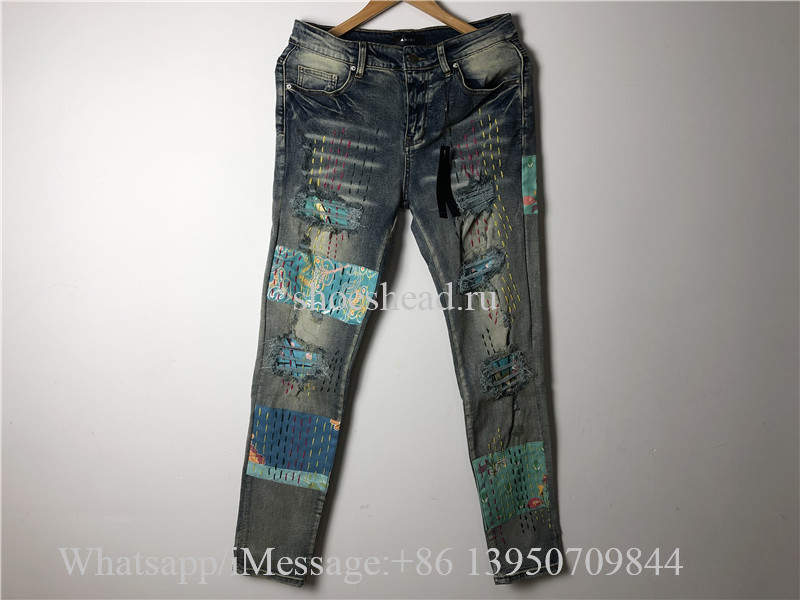 Amiri Blue Vintage Quilt Art Patch Jeans