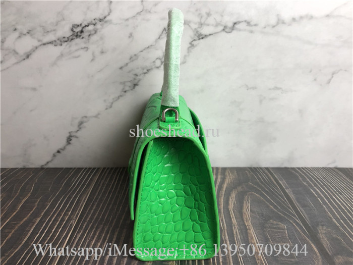 Original Balenciaga Hourglass XS Croc-Embossed Top-Handle Bag Green