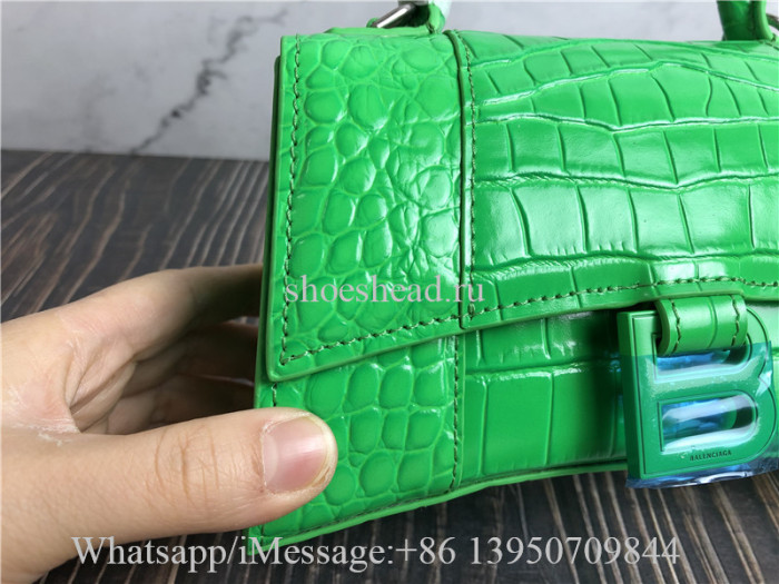 Original Balenciaga Hourglass XS Croc-Embossed Top-Handle Bag Green