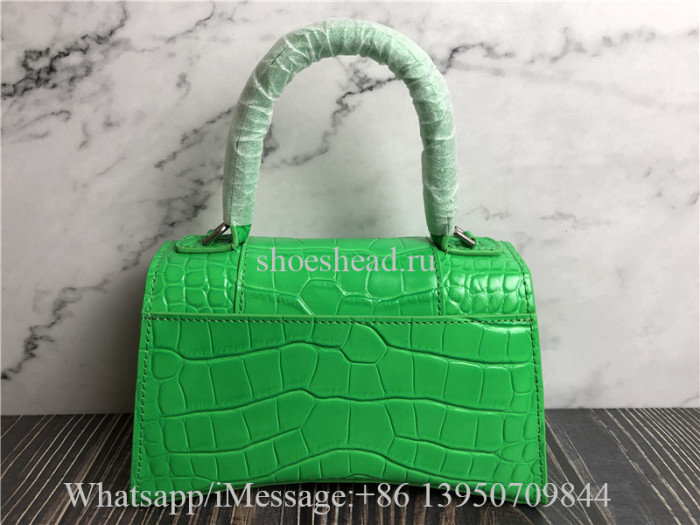 Original Balenciaga Hourglass XS Croc-Embossed Top-Handle Bag Green