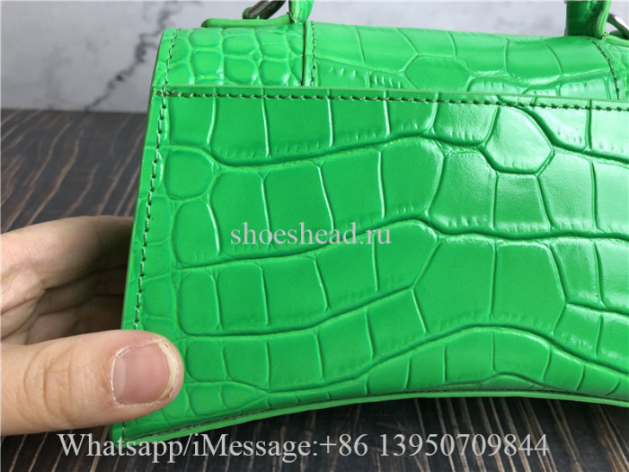 Original Balenciaga Hourglass XS Croc-Embossed Top-Handle Bag Green