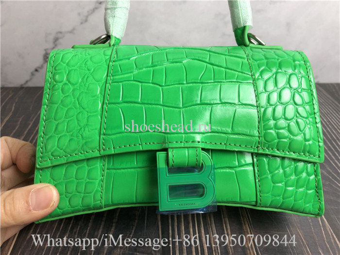 Original Balenciaga Hourglass XS Croc-Embossed Top-Handle Bag Green