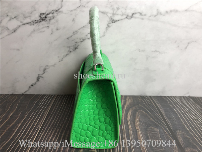 Original Balenciaga Hourglass XS Croc-Embossed Top-Handle Bag Green