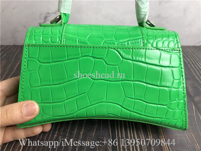 Original Balenciaga Hourglass XS Croc-Embossed Top-Handle Bag Green