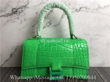 Original Balenciaga Hourglass XS Croc-Embossed Top-Handle Bag Green