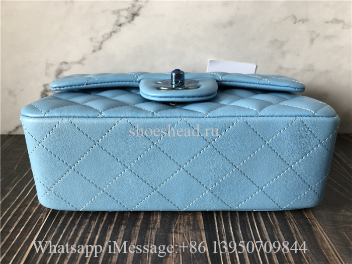 Original Quality Chanel Lambskin Quilted Mini Rectangular Flap Light Blue Bag 20cm