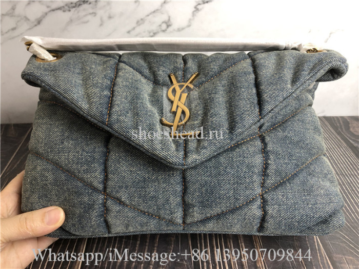 Original Saint Laurent Puffer Medium Chain Bag In Quilted Vintage Denim And Suede