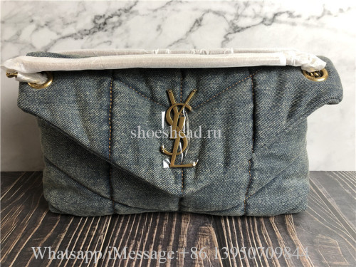 Original Saint Laurent Puffer Medium Chain Bag In Quilted Vintage Denim And Suede