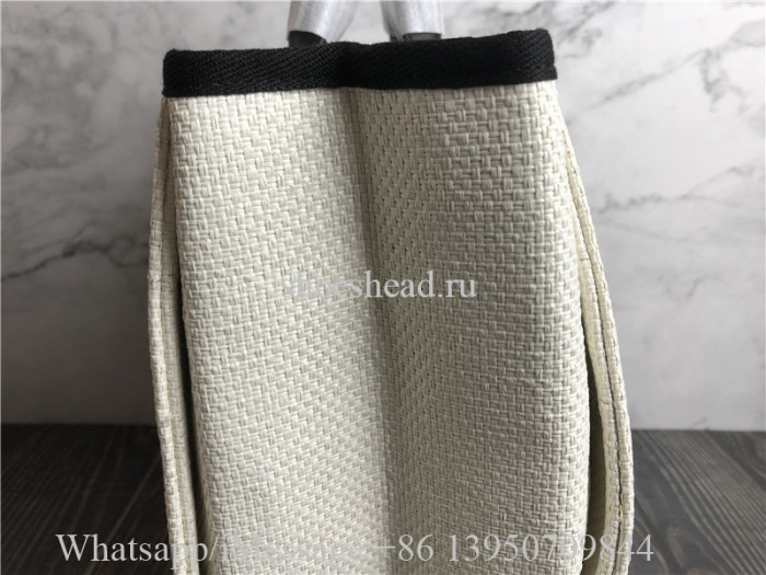 Original Chanel Woven Straw Raffia Large Deauville Tote White Navy Bag