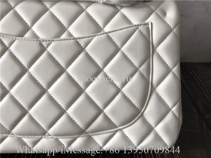 Original Quality Chanel Black Leather Flap Bag White With Silver Logo 30cm