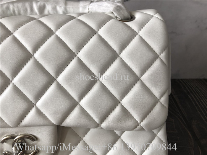 Original Quality Chanel Black Leather Flap Bag White With Silver Logo 30cm