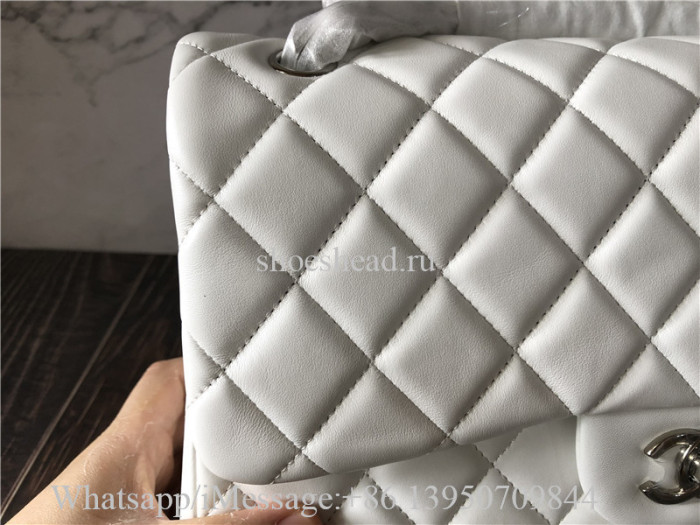 Original Quality Chanel Black Leather Flap Bag White With Silver Logo 30cm