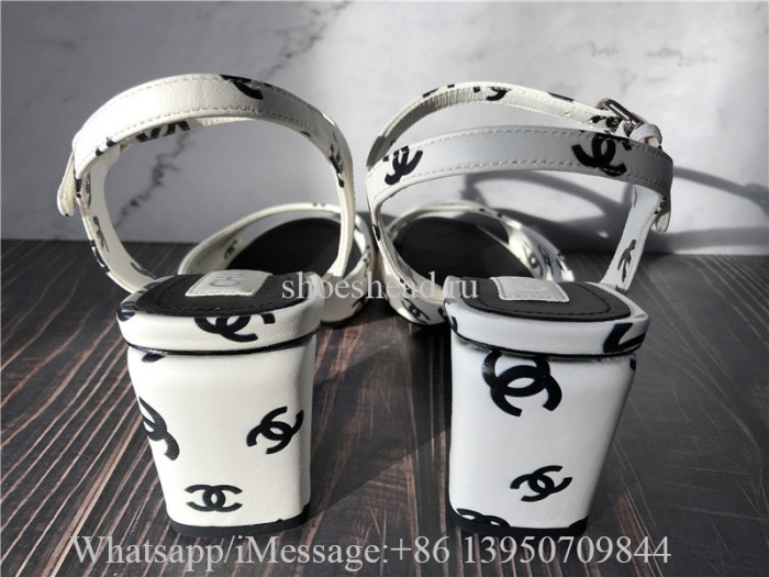 Chanel Printed Lambskin CC Sandals White Black