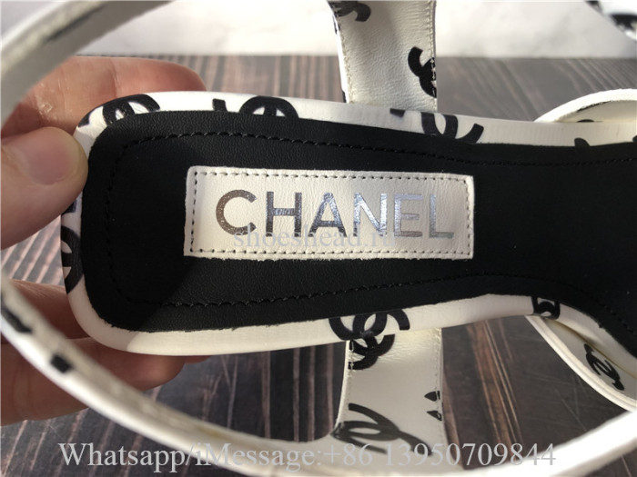 Chanel Printed Lambskin CC Sandals White Black