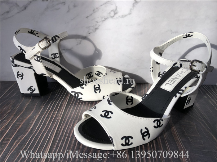 Chanel Printed Lambskin CC Sandals White Black