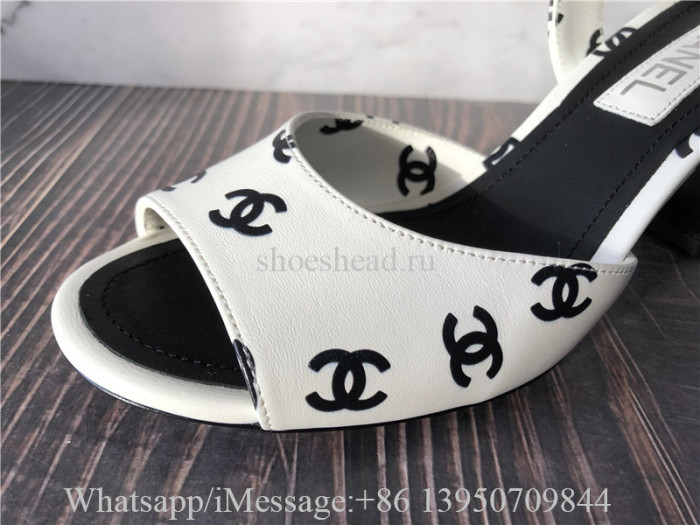 Chanel Printed Lambskin CC Sandals White Black