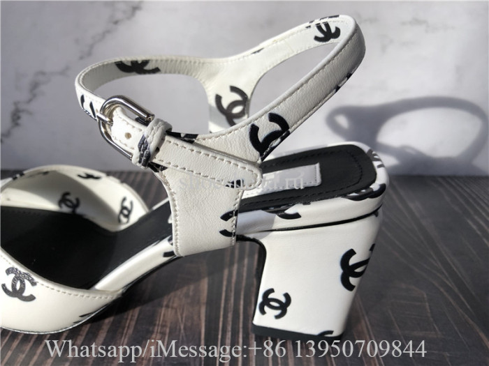 Chanel Printed Lambskin CC Sandals White Black