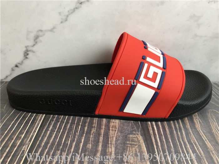 Gucci Rubber Logo Pursuit Slides In Red