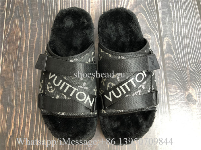 Louis Vuitton Black Leather Fur Sandals Slide