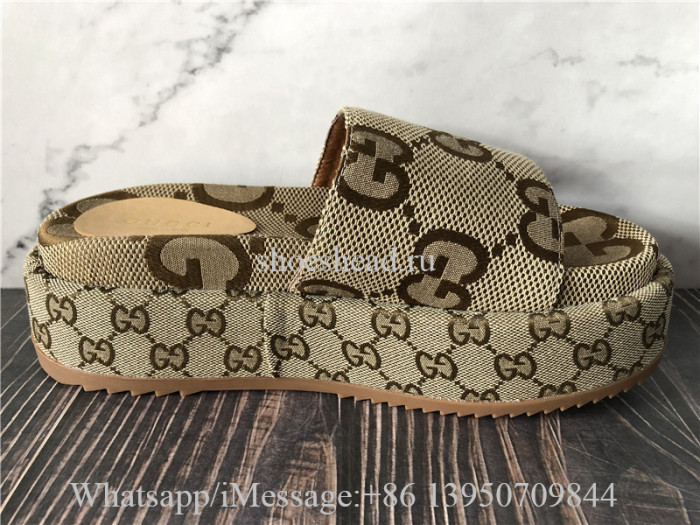 Gucci Camel And Ebony Maxi GG Canvas Platform Sandals