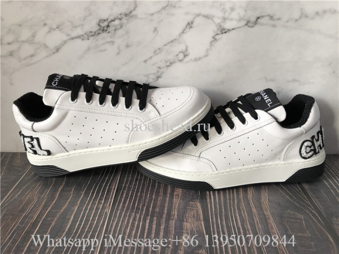 Chanel Grained Calfskin Fabric Womens Logo Sneakers White Black