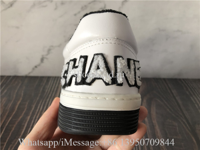 Chanel Grained Calfskin Fabric Womens Logo Sneakers White Black