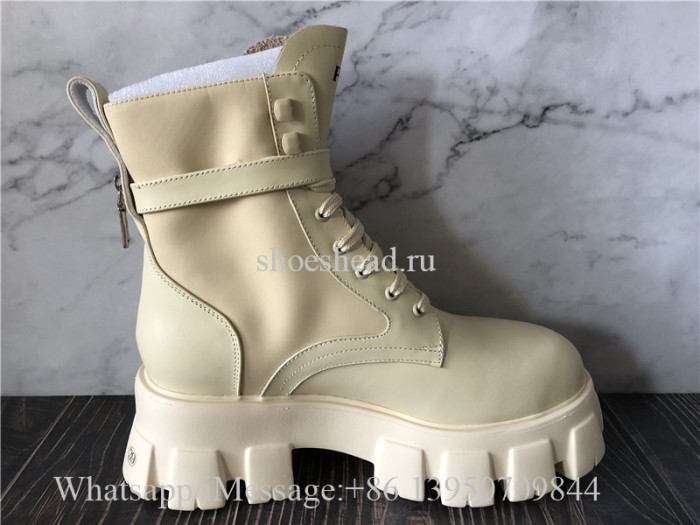 Prada Leather Zip Pocket Combat Booties Desert Beige