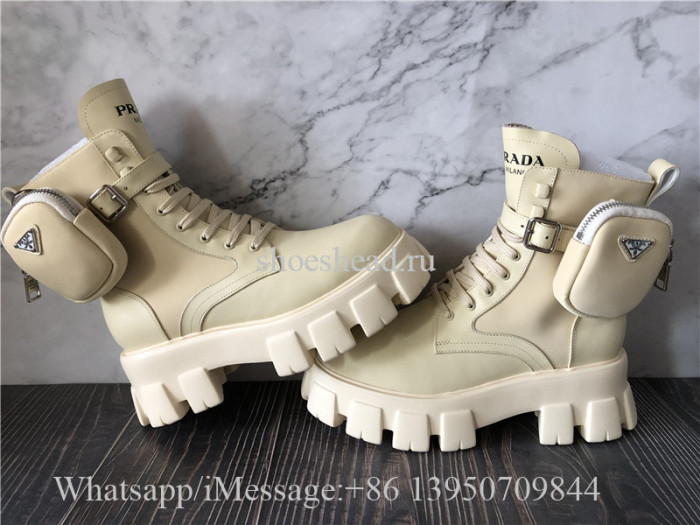 Prada Leather Zip Pocket Combat Booties Desert Beige