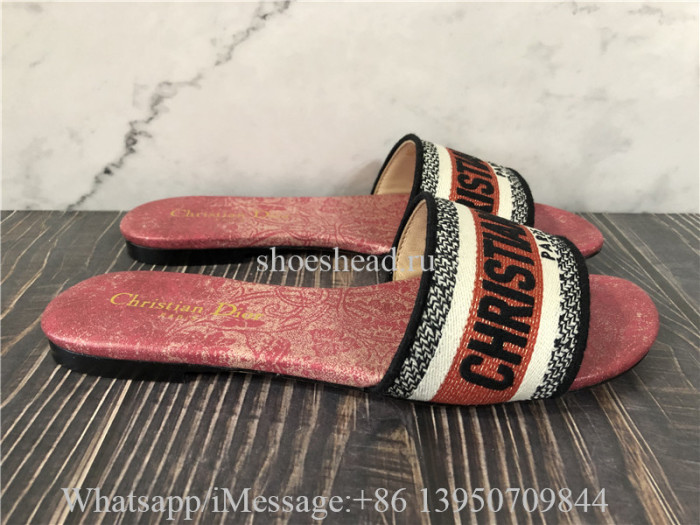 Dior Gold-Tone Embroidered Cotton With Metallic Thread And Cherry Red Dior Brocart Motif Dway Slide