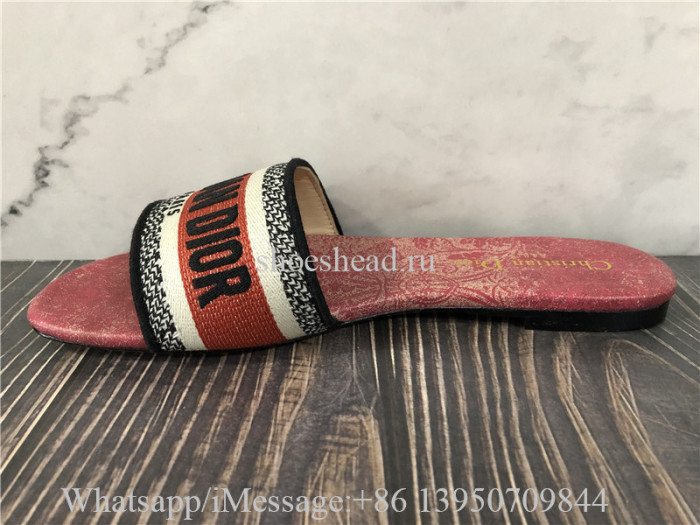 Dior Gold-Tone Embroidered Cotton With Metallic Thread And Cherry Red Dior Brocart Motif Dway Slide