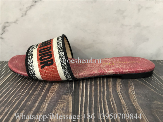 Dior Gold-Tone Embroidered Cotton With Metallic Thread And Cherry Red Dior Brocart Motif Dway Slide