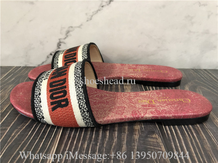Dior Gold-Tone Embroidered Cotton With Metallic Thread And Cherry Red Dior Brocart Motif Dway Slide