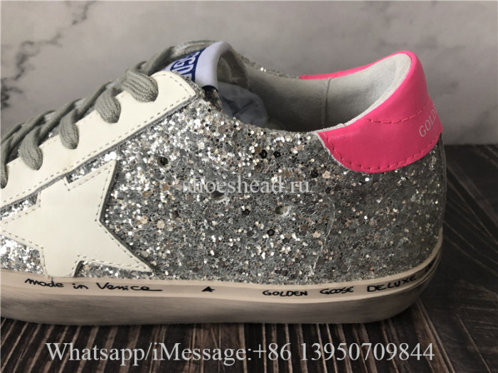 Golden Goose Hi Star Sneaker With Silver Glitter And Fuchsia Heel Tab