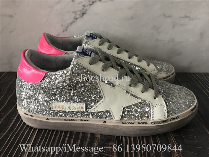 Golden Goose Hi Star Sneaker With Silver Glitter And Fuchsia Heel Tab