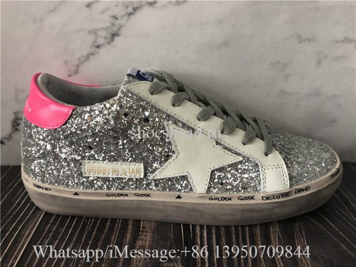 Golden Goose Hi Star Sneaker With Silver Glitter And Fuchsia Heel Tab