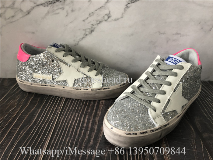Golden Goose Hi Star Sneaker With Silver Glitter And Fuchsia Heel Tab