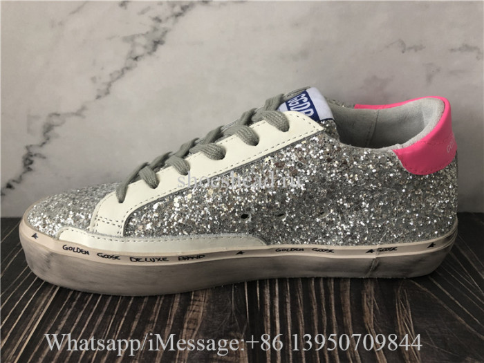 Golden Goose Hi Star Sneaker With Silver Glitter And Fuchsia Heel Tab