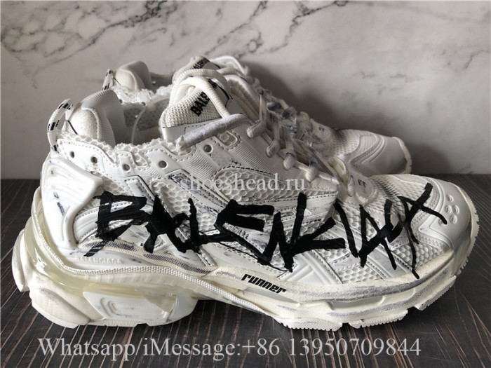 Balenciaga Runner Graffiti Sneaker In White And Black Mesh And Nylon