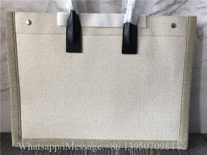 Original Saint Laurent Rive Gauche Leather-Trimmed Printed Canvas Tote Bag Off White